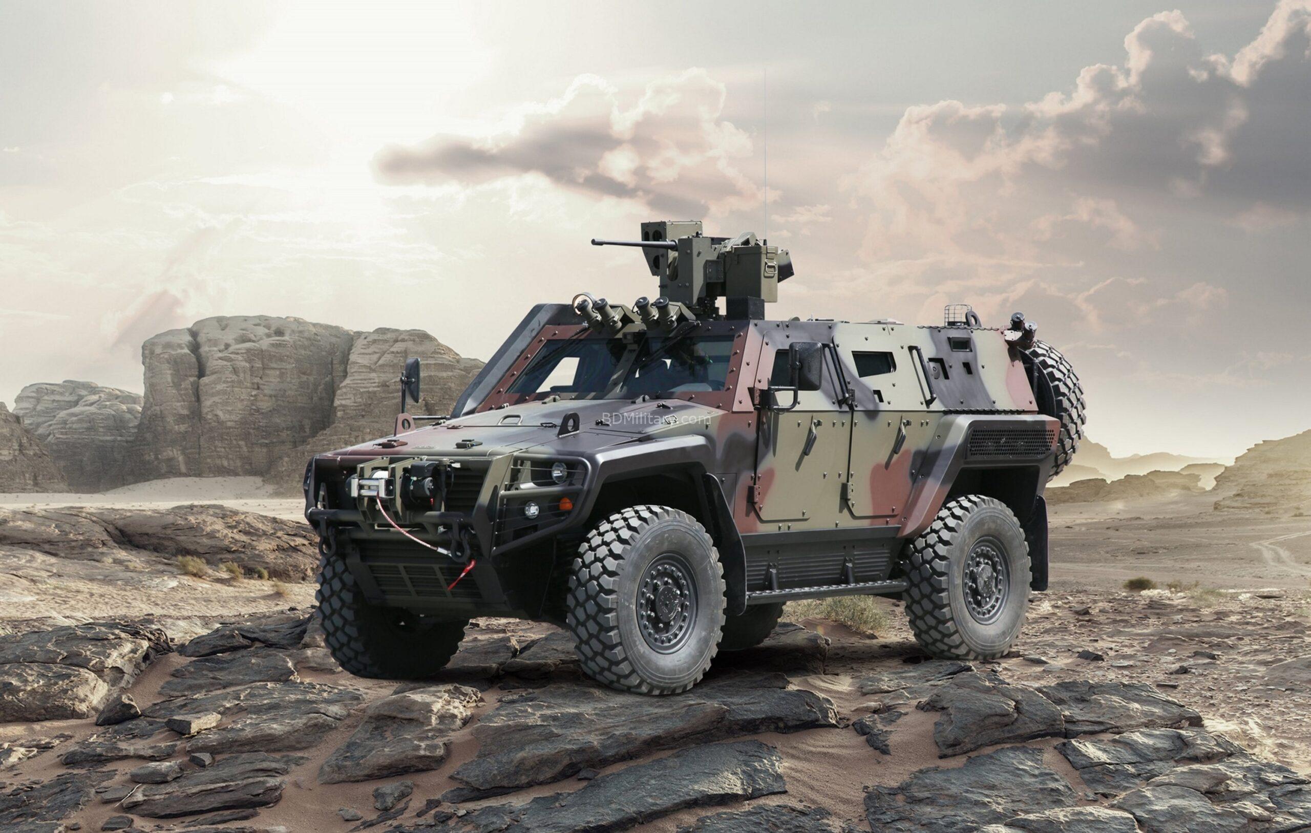 Armoured vehicle in desert terrain