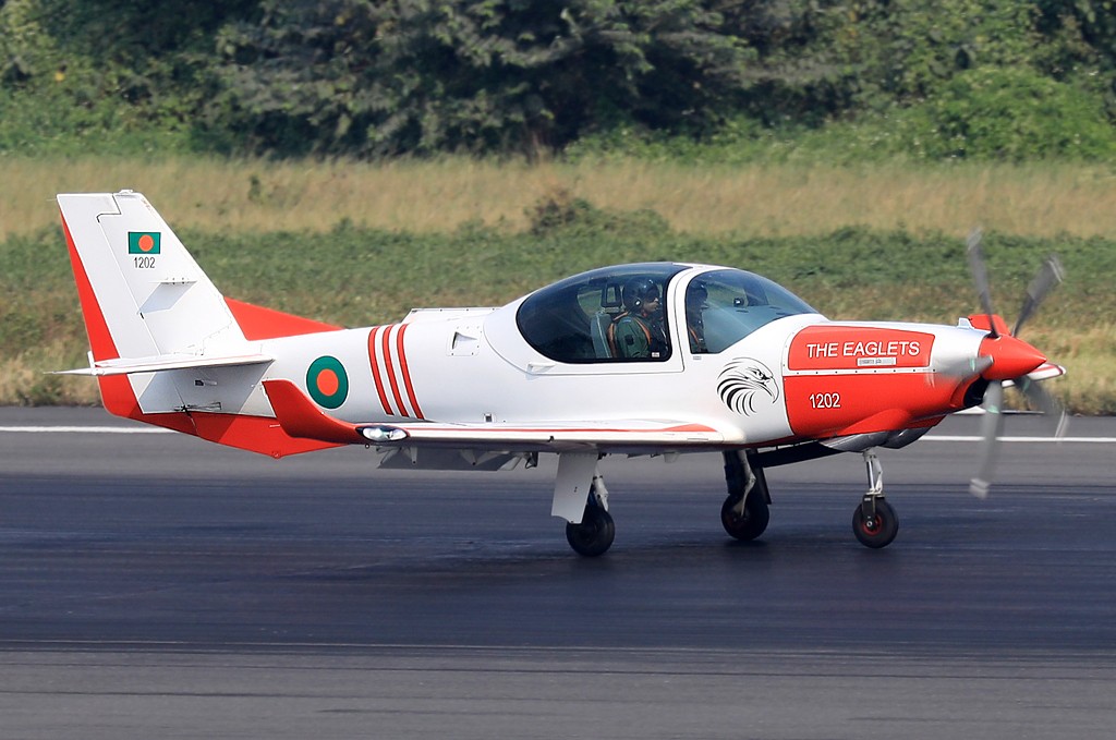 Bangladesh Air Force Eaglets display team trainer aircraft on the runway